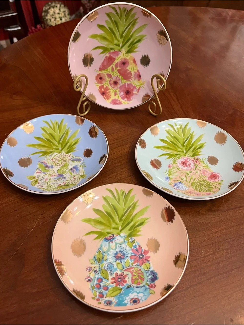 VTG Pier 1 Imports Pineapple Appetizer Plates Pastel Gold Polka Dot Set of 4